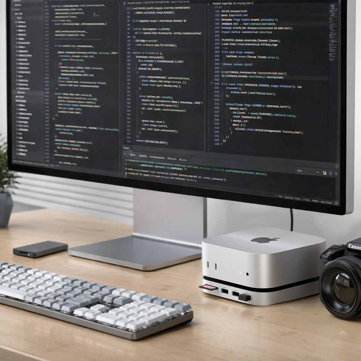 The Satechi Mac Mini M4 Stand & Hub with SSD Enclosure connected to the Mac Mini, supporting port expansion and optimizing AI systems. 