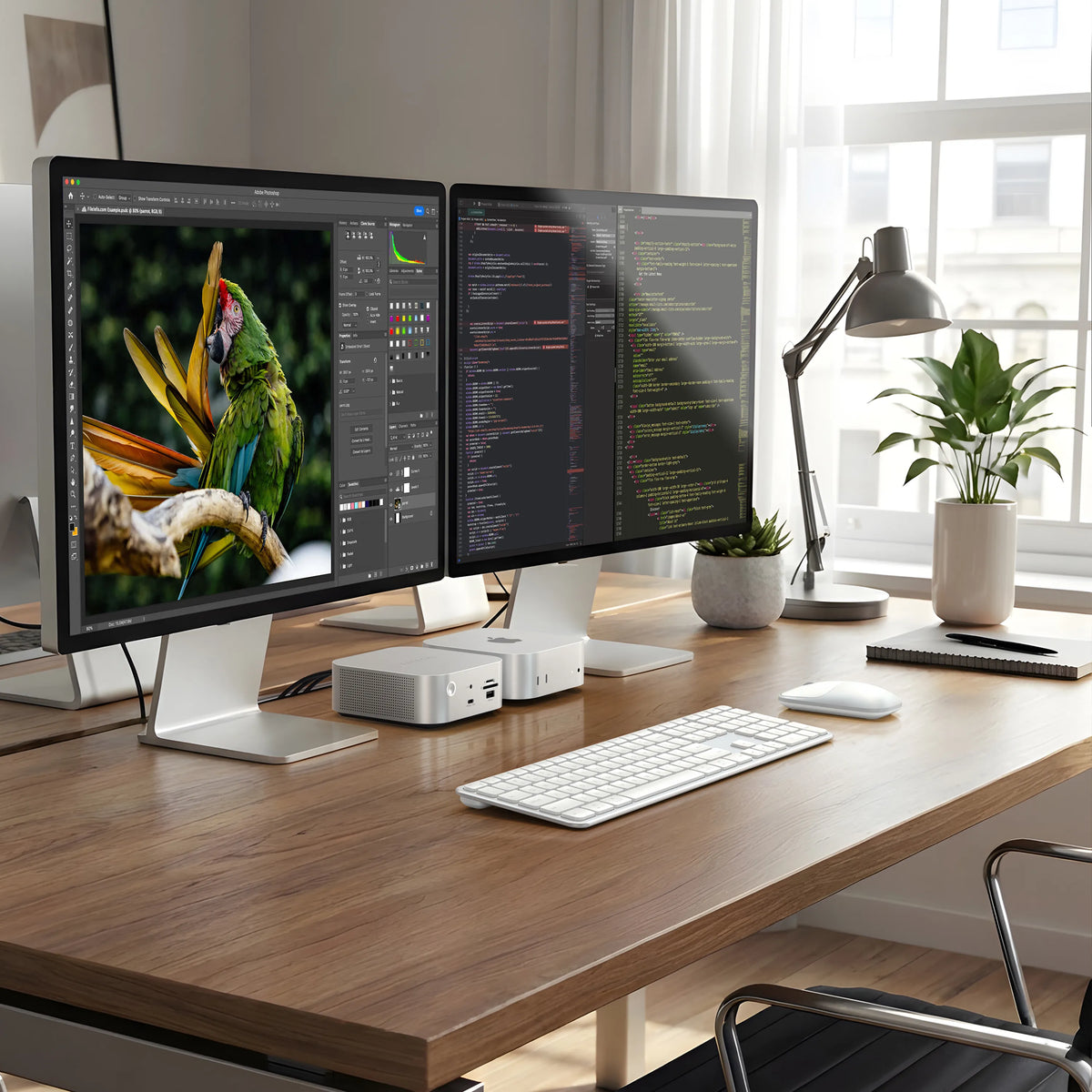 Satechi Thunderbolt 5 CubeDock™ SSD enclosure dock beneath dual monitors on a clean, minimalist desk, supporting creative and development workflows with photo editing software and code editors displayed on large external monitors.
