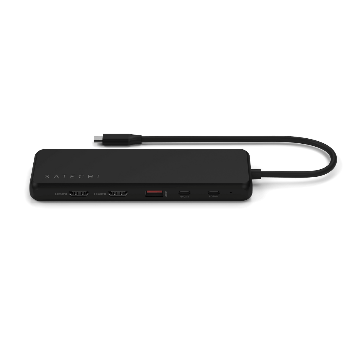 13-in-1 USB-C Triple Display Multiport Adapter, side view showing two HDMI ports, USB-A, USB-C and card reader slots