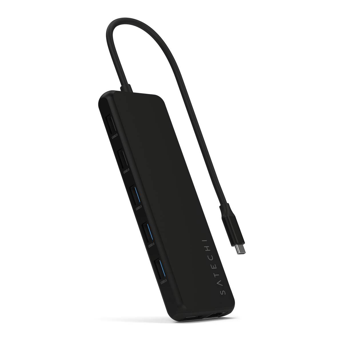Satechi 13-in-1 USB-C Triple Display Multiport Adapter, angled side view with attached USB-C cable