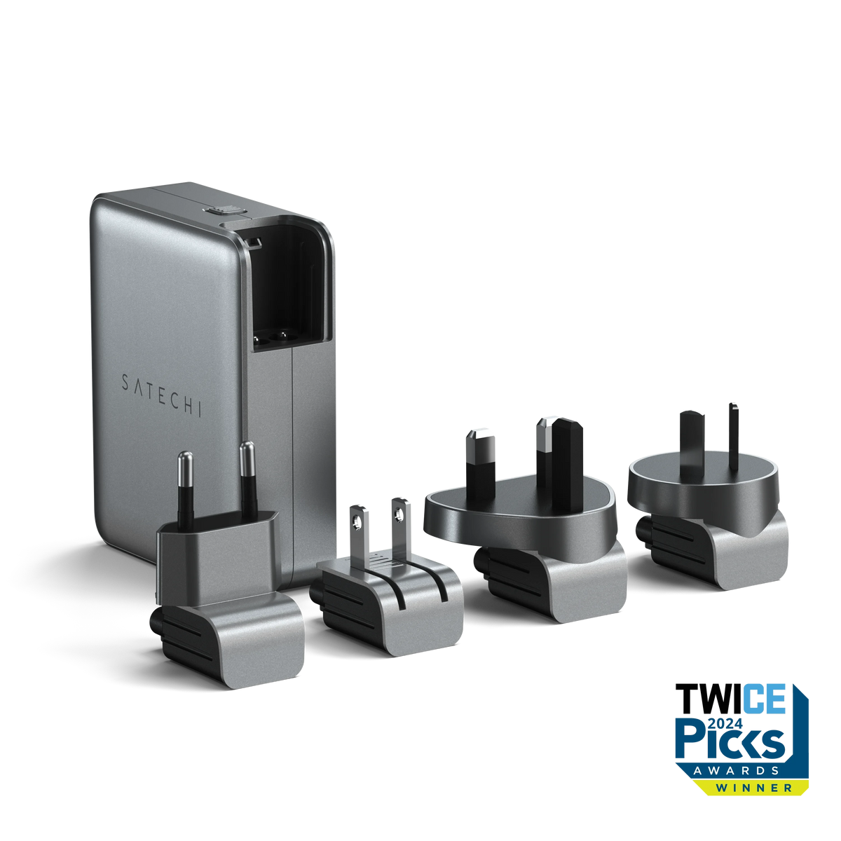 Satechi 145W USB-C 4-Port GaN Travel Charger with EU, US, UK and AU plug adapters, and TWICE Picks Awards 2024 Winner badge