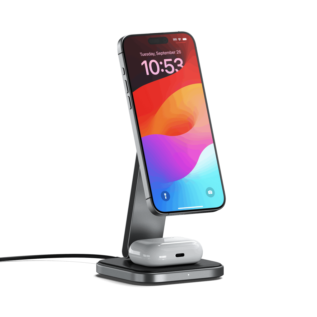 Satechi 2-in-1 Foldable Qi2 Wireless Charging Stand charging an iPhone and AirPods
