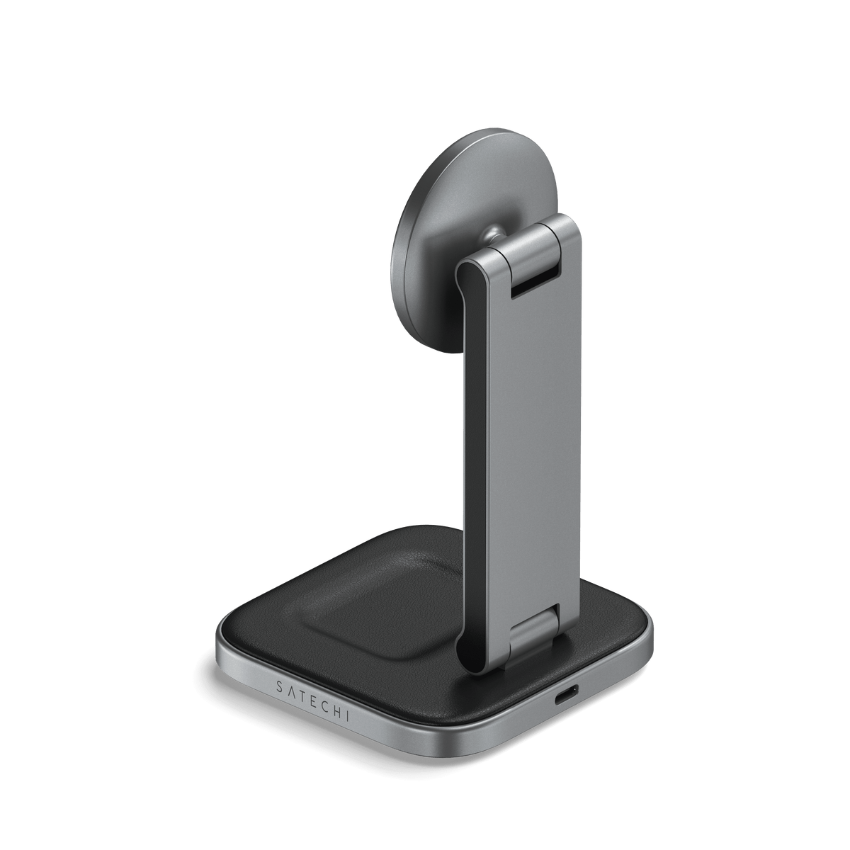 2-in-1 Foldable Qi2 Wireless Charging Stand, back view showing the hinge and USB-C port