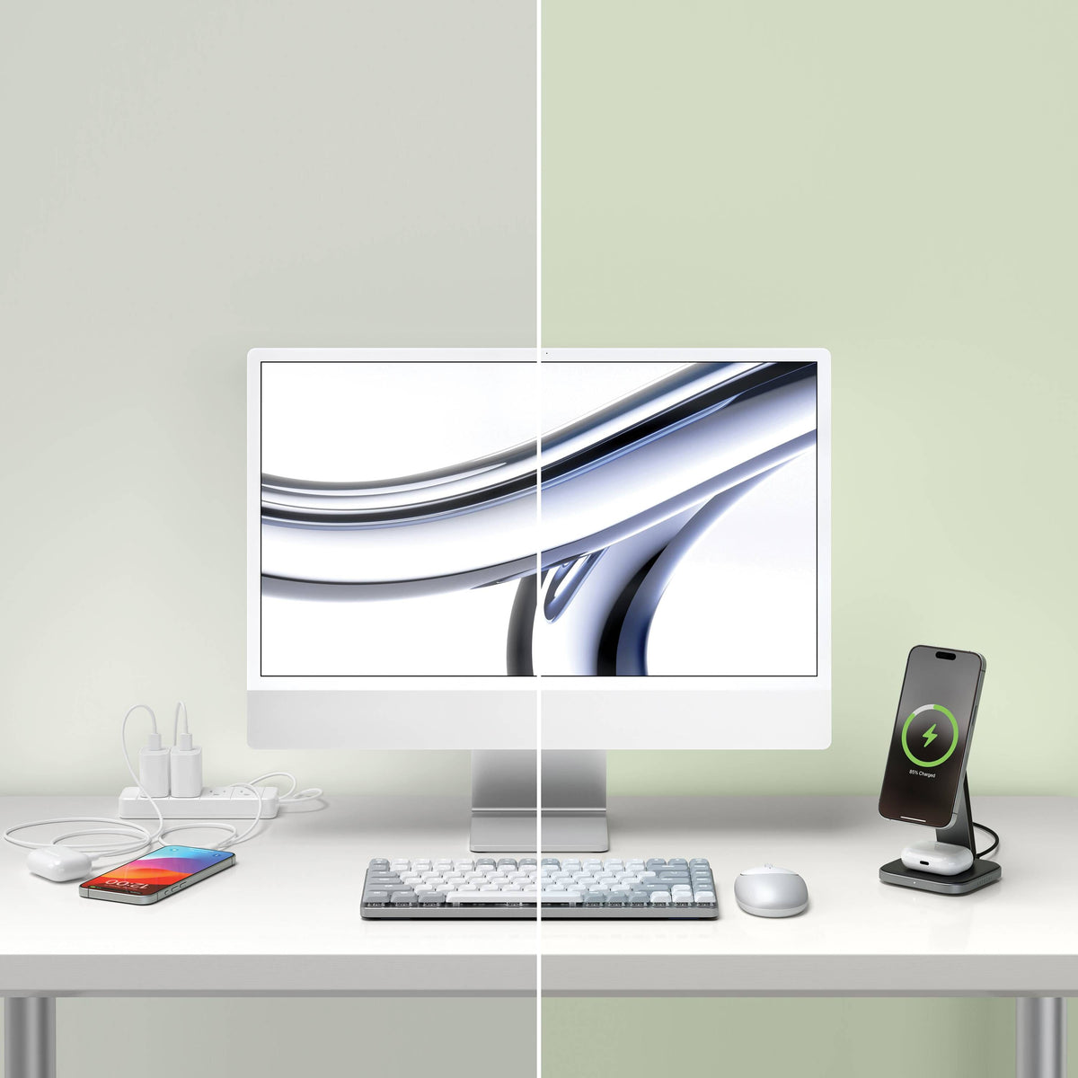 2-in-1 Foldable Qi2 Wireless Charging Stand on a desk next to an iMac, charging an iPhone