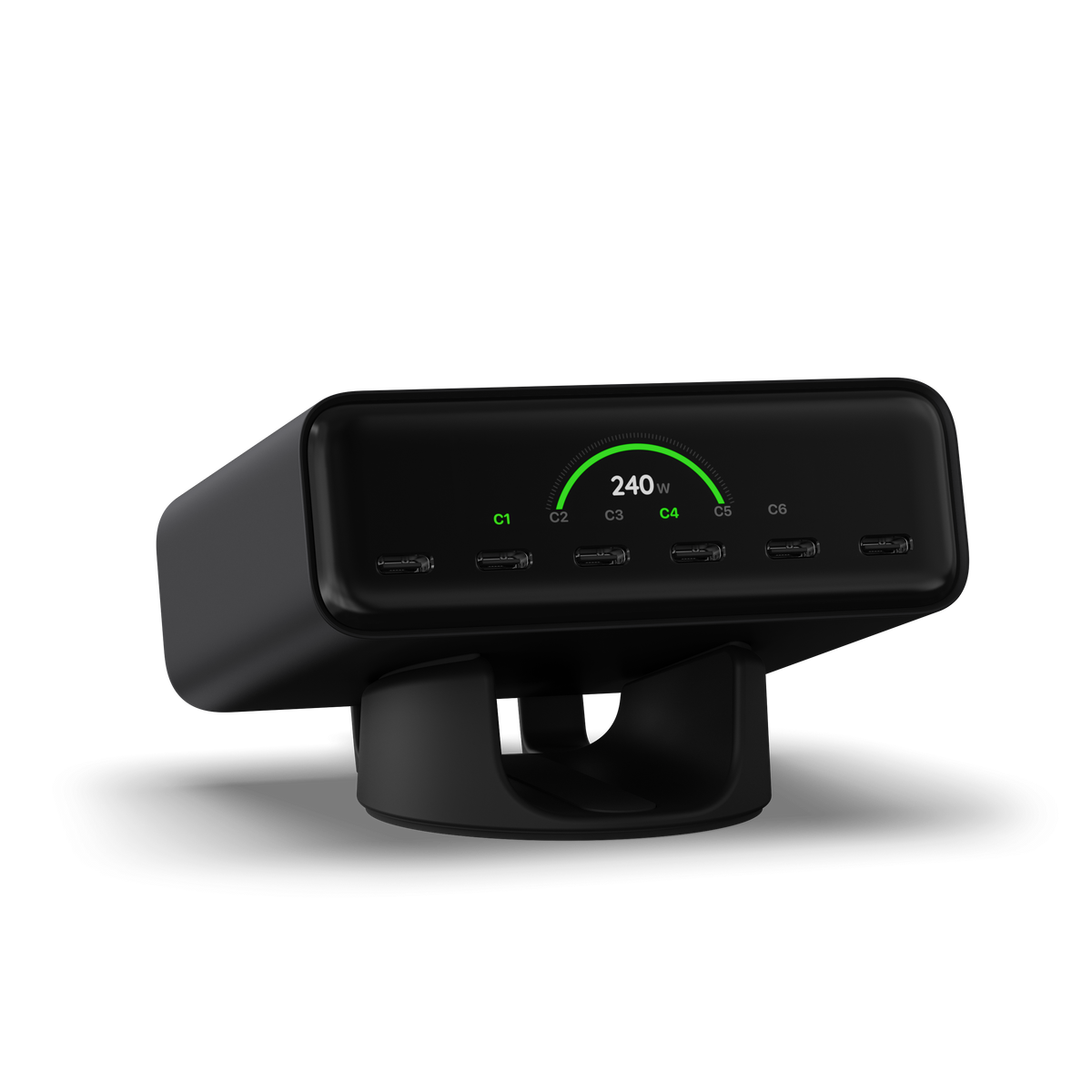 Satechi ChargeView 240W Desktop Charger on its stand, display showing 240W total output