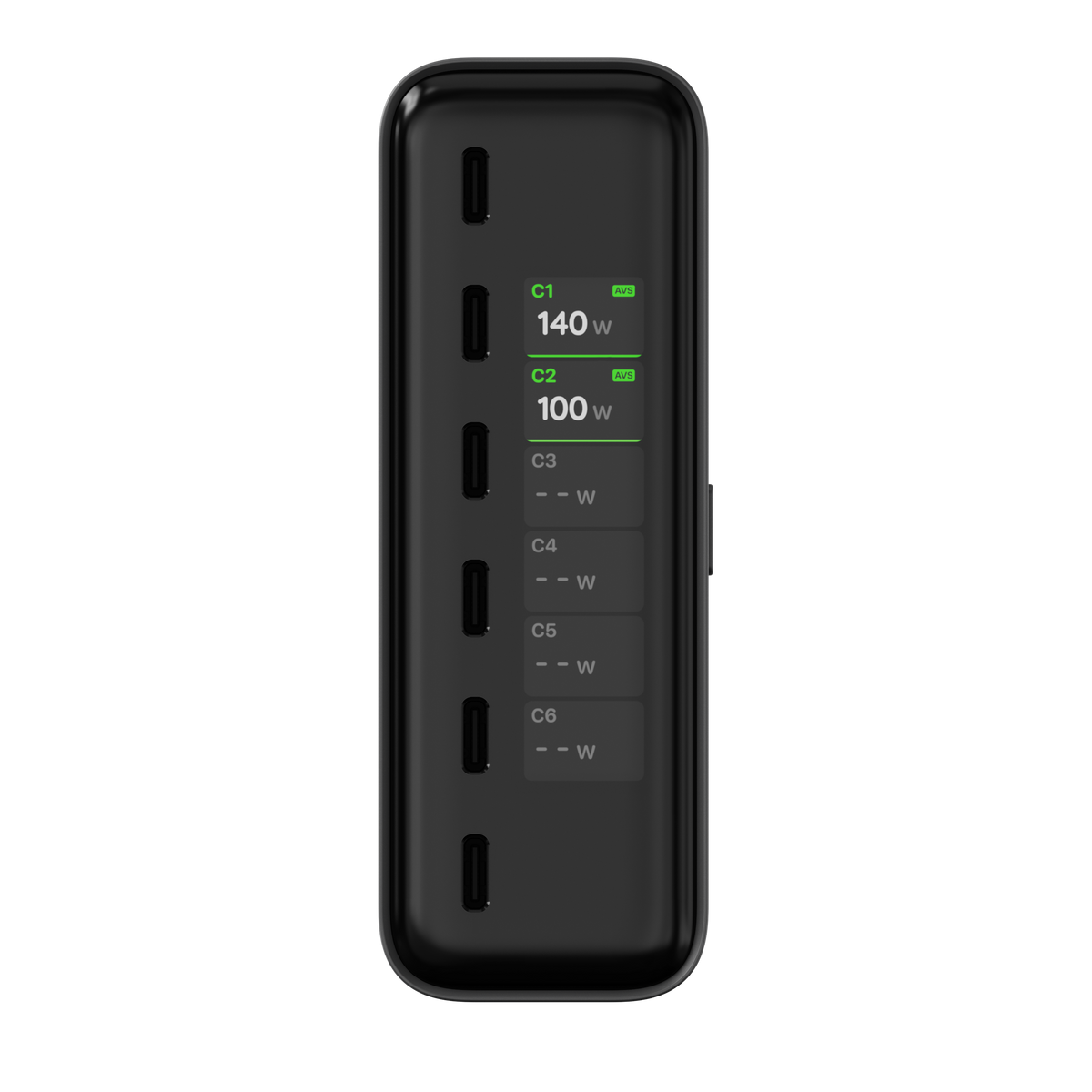 ChargeView 240W Desktop Charger display showing per-port output: C1 140W, C2 100W