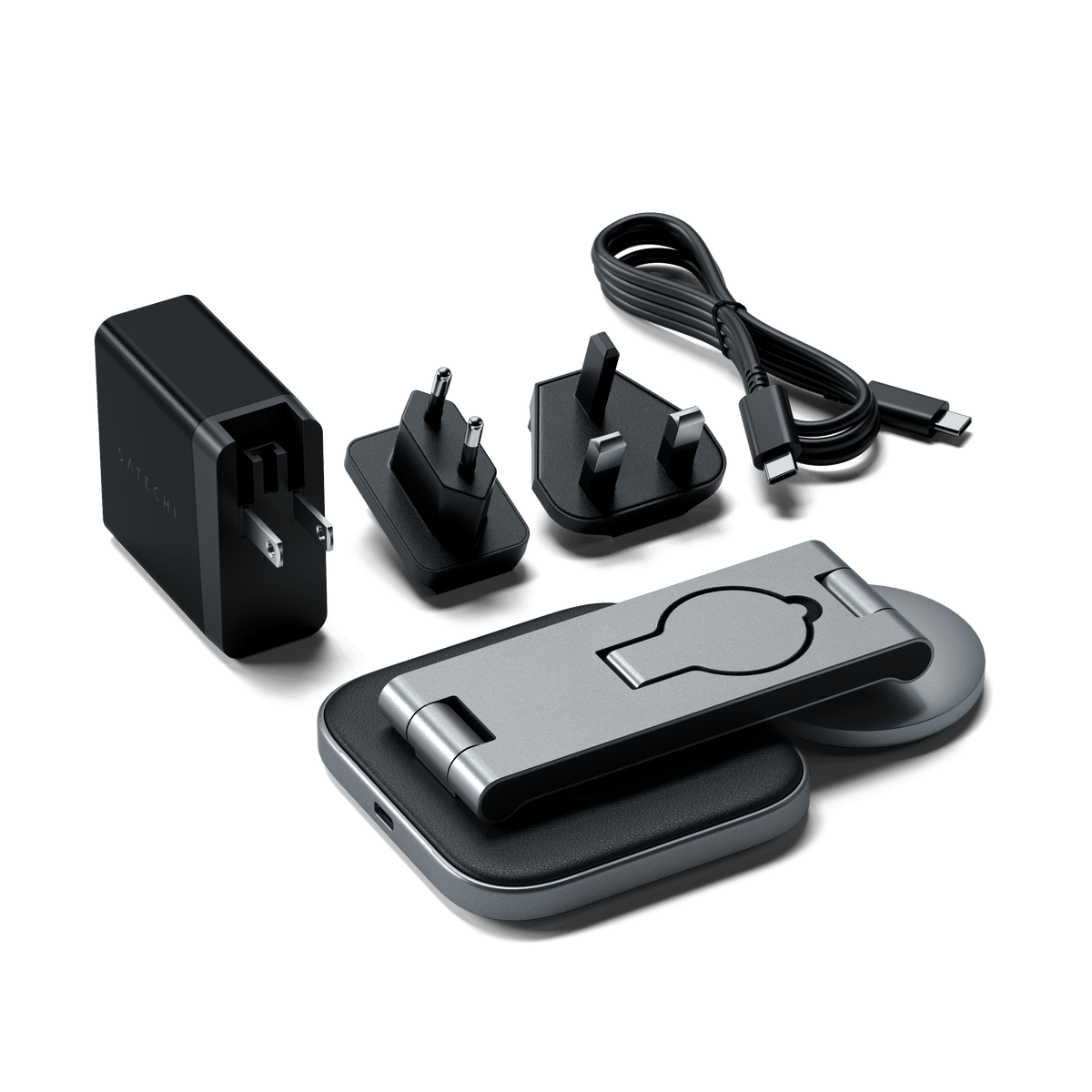 3-in-1 Foldable Qi2 Wireless Charging Stand folded, with power adapter, international plugs and USB-C cable