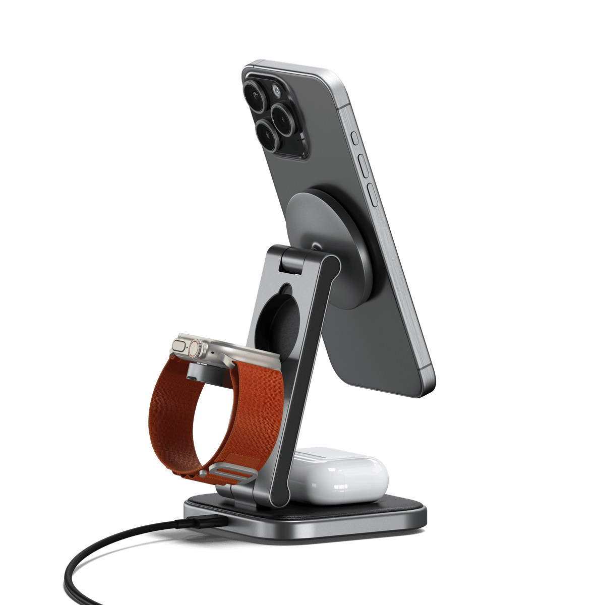 3-in-1 Foldable Qi2 Wireless Charging Stand charging an iPhone, Apple Watch and AirPods, back view
