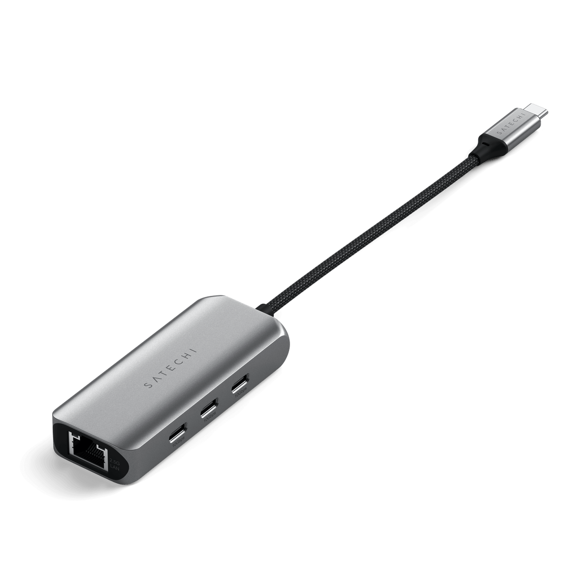 4-in-1 USB-C Hub with 2.5 Gigabit Ethernet, angled view showing Ethernet and three USB-C ports