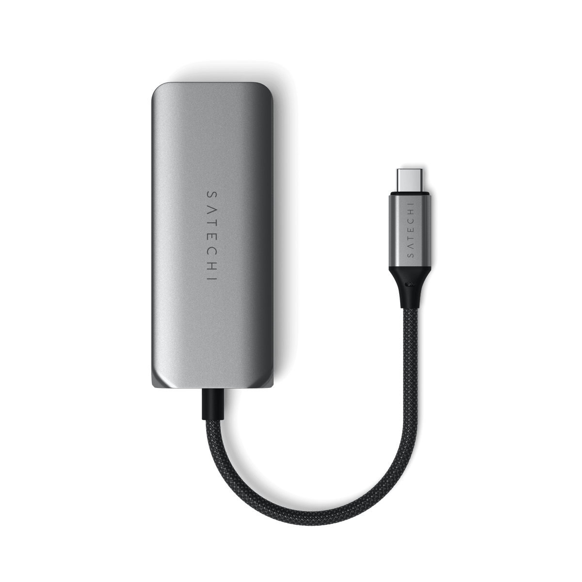 4-in-1 USB-C Hub with 2.5 Gigabit Ethernet, top view with braided USB-C cable