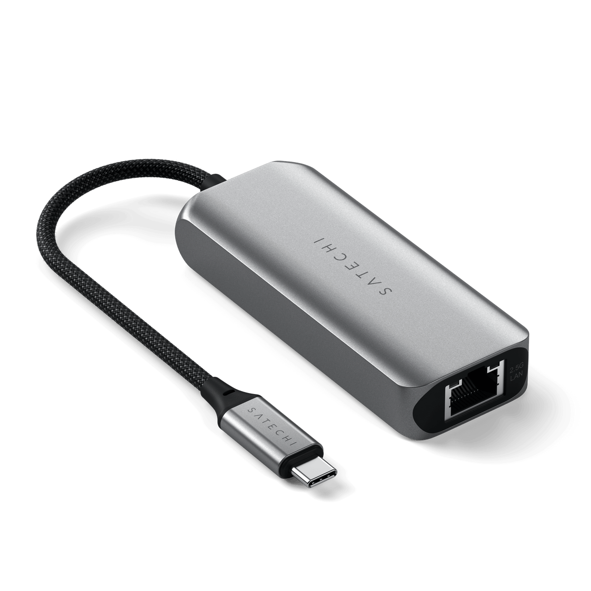 4-in-1 USB-C Hub with 2.5 Gigabit Ethernet, angled view of the Ethernet port and USB-C plug