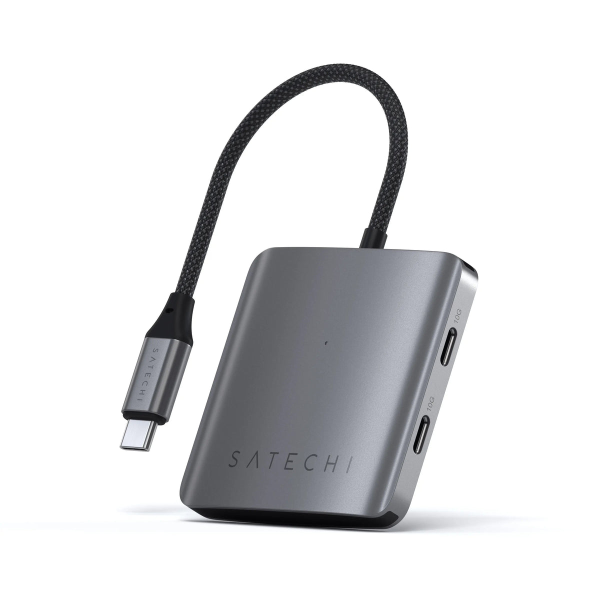 Satechi 4-Port USB-C Hub with Power Delivery in Space Gray, angled view with braided cable