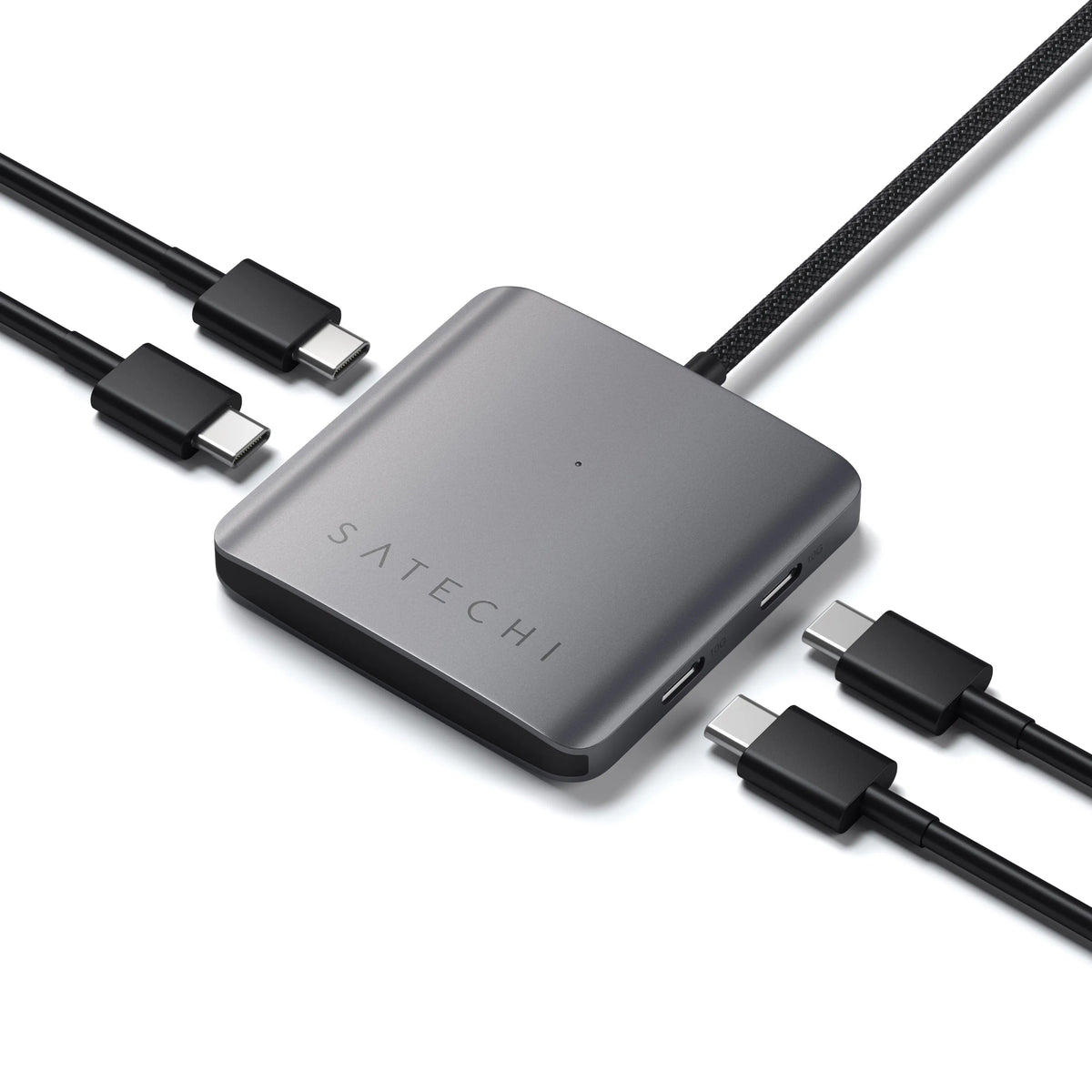 4-Port USB-C Hub with Power Delivery with four USB-C cables plugged in