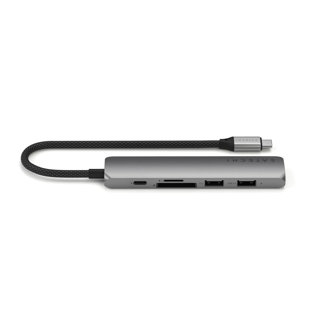 6-in-1 USB-C Slim Multiport Adapter in Space Gray, side view showing USB-C, card slots and USB-A ports