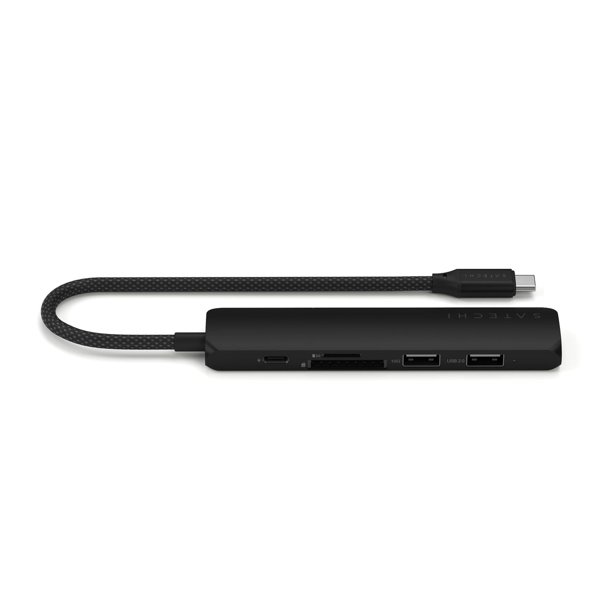 6-in-1 USB-C Slim Multiport Adapter in Black, side view showing USB-C, card slots and USB-A ports