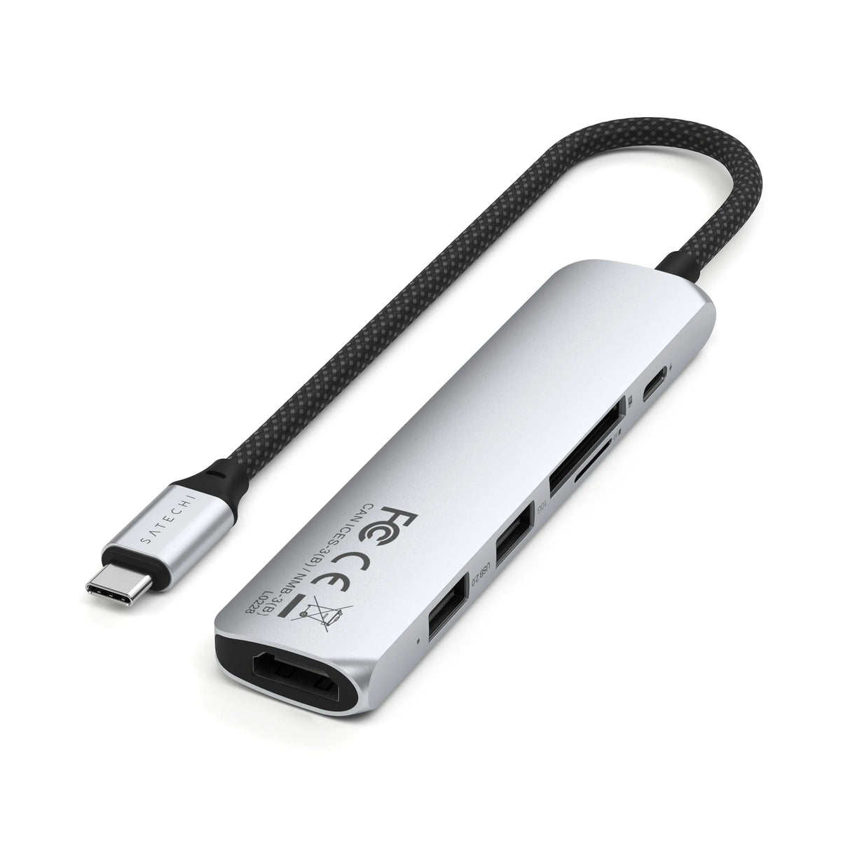 6-in-1 USB-C Slim Multiport Adapter in Silver, underside with certification labels