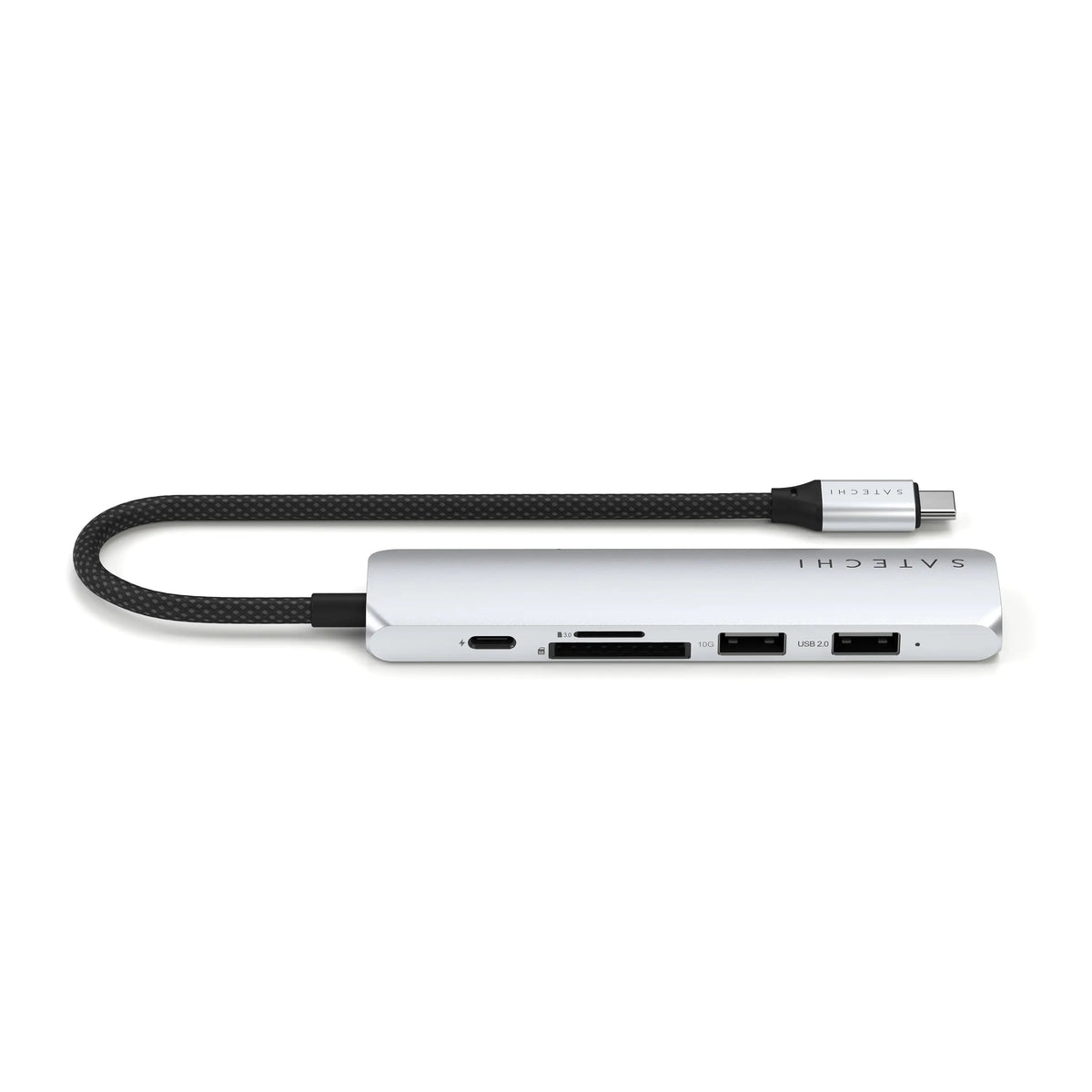 6-in-1 USB-C Slim Multiport Adapter in Silver, side view showing USB-C, card slots and USB-A ports