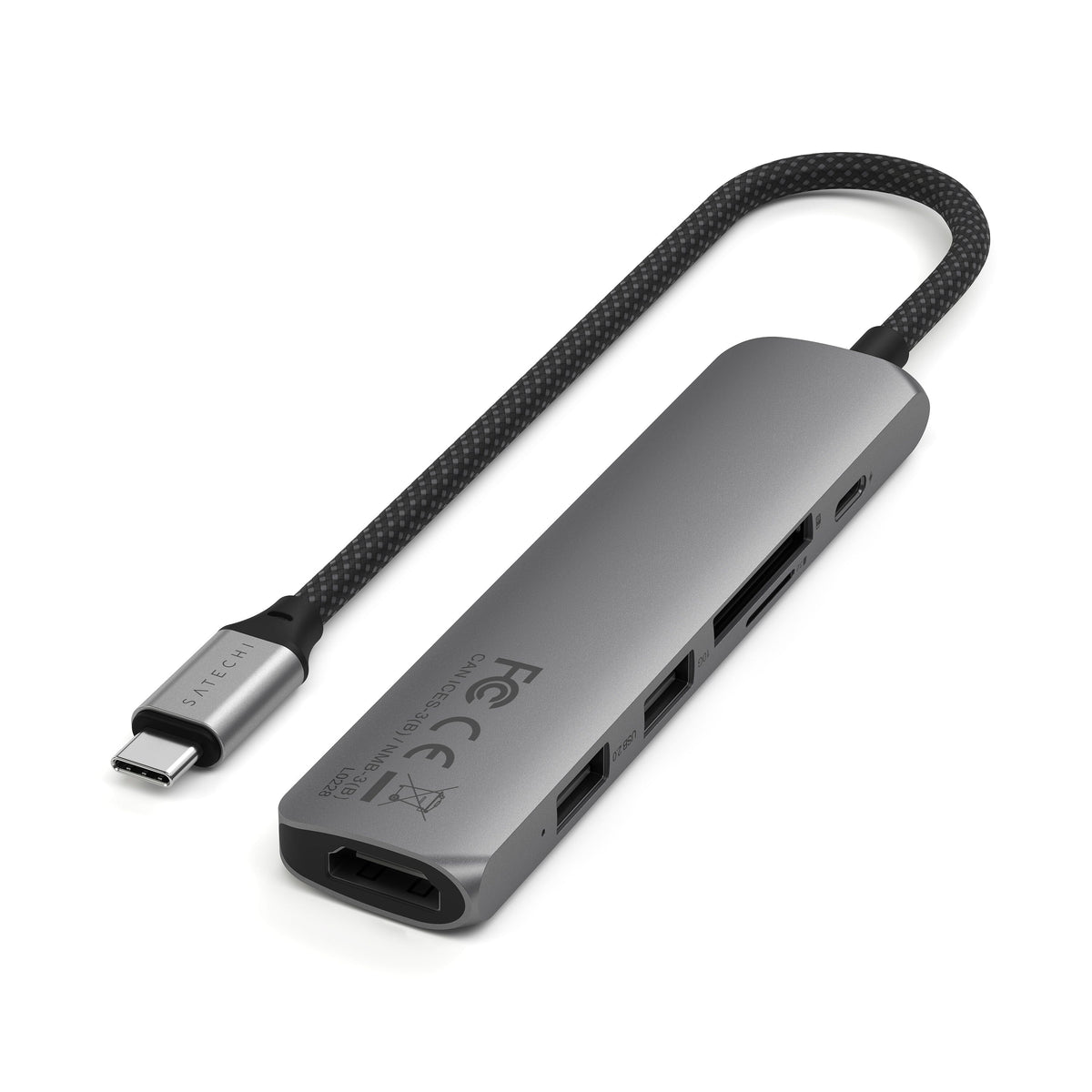 6-in-1 USB-C Slim Multiport Adapter in Space Gray, underside with certification labels