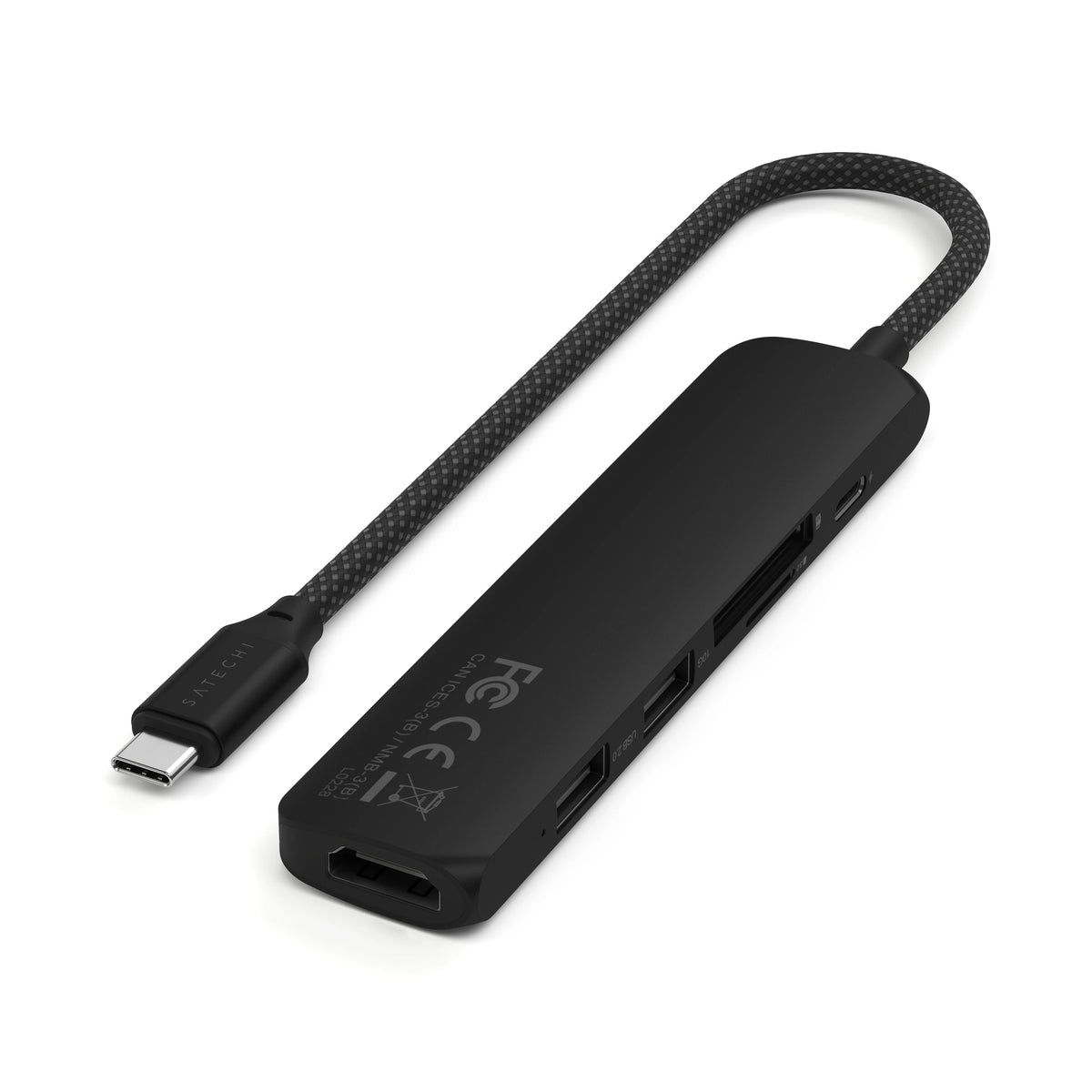 6-in-1 USB-C Slim Multiport Adapter in Black, underside with certification labels