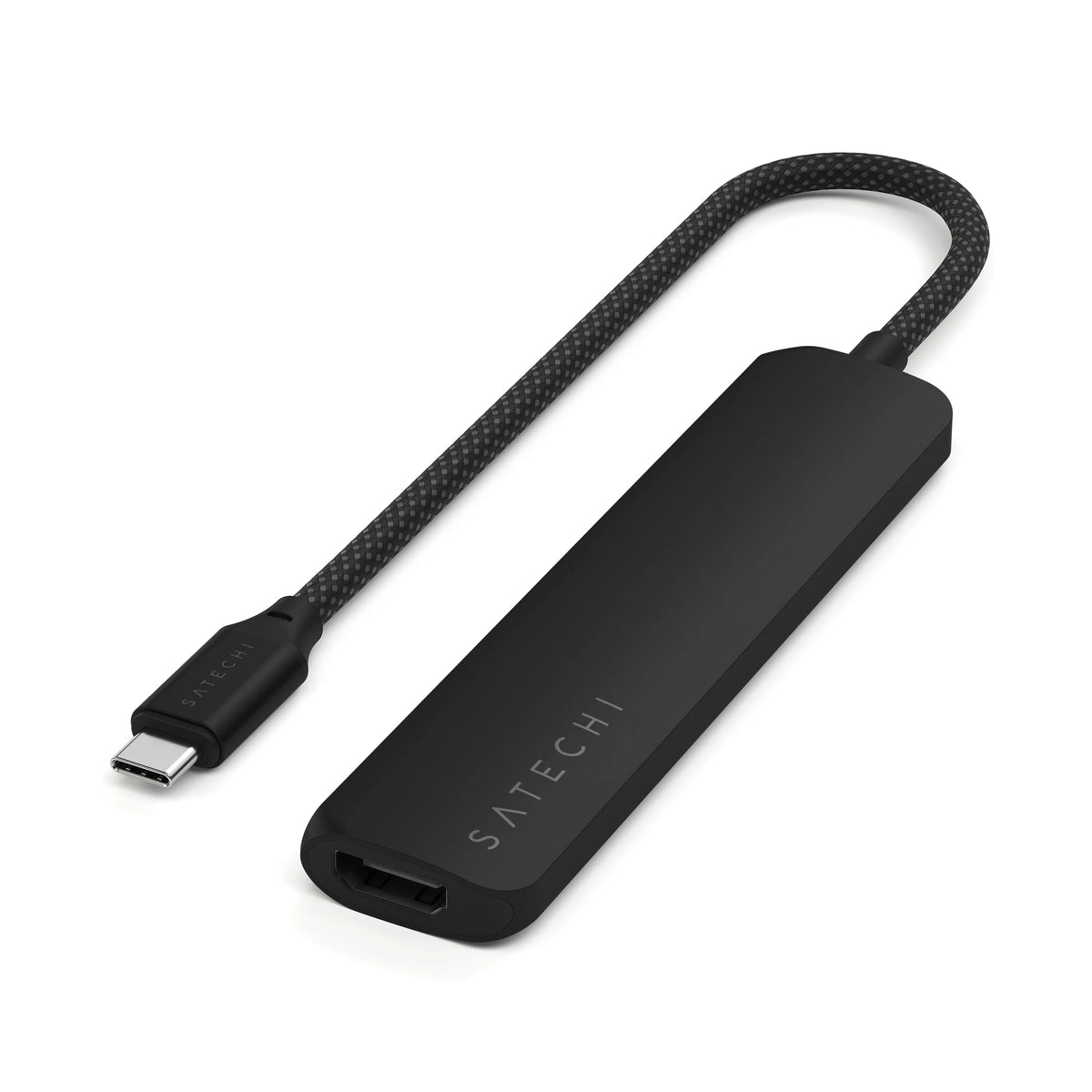 Satechi 6-in-1 USB-C Slim Multiport Adapter in Black, angled view showing HDMI port