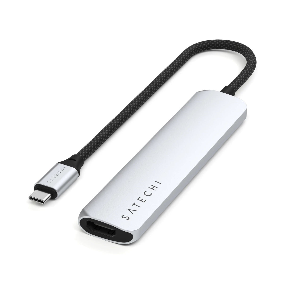 Satechi 6-in-1 USB-C Slim Multiport Adapter in Silver, angled view showing HDMI port