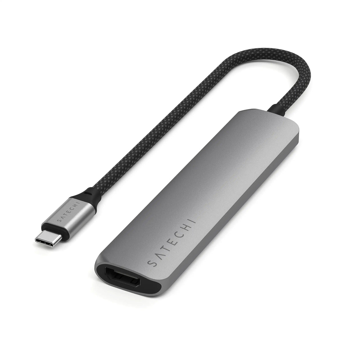 Satechi 6-in-1 USB-C Slim Multiport Adapter in Space Gray, angled view showing HDMI port