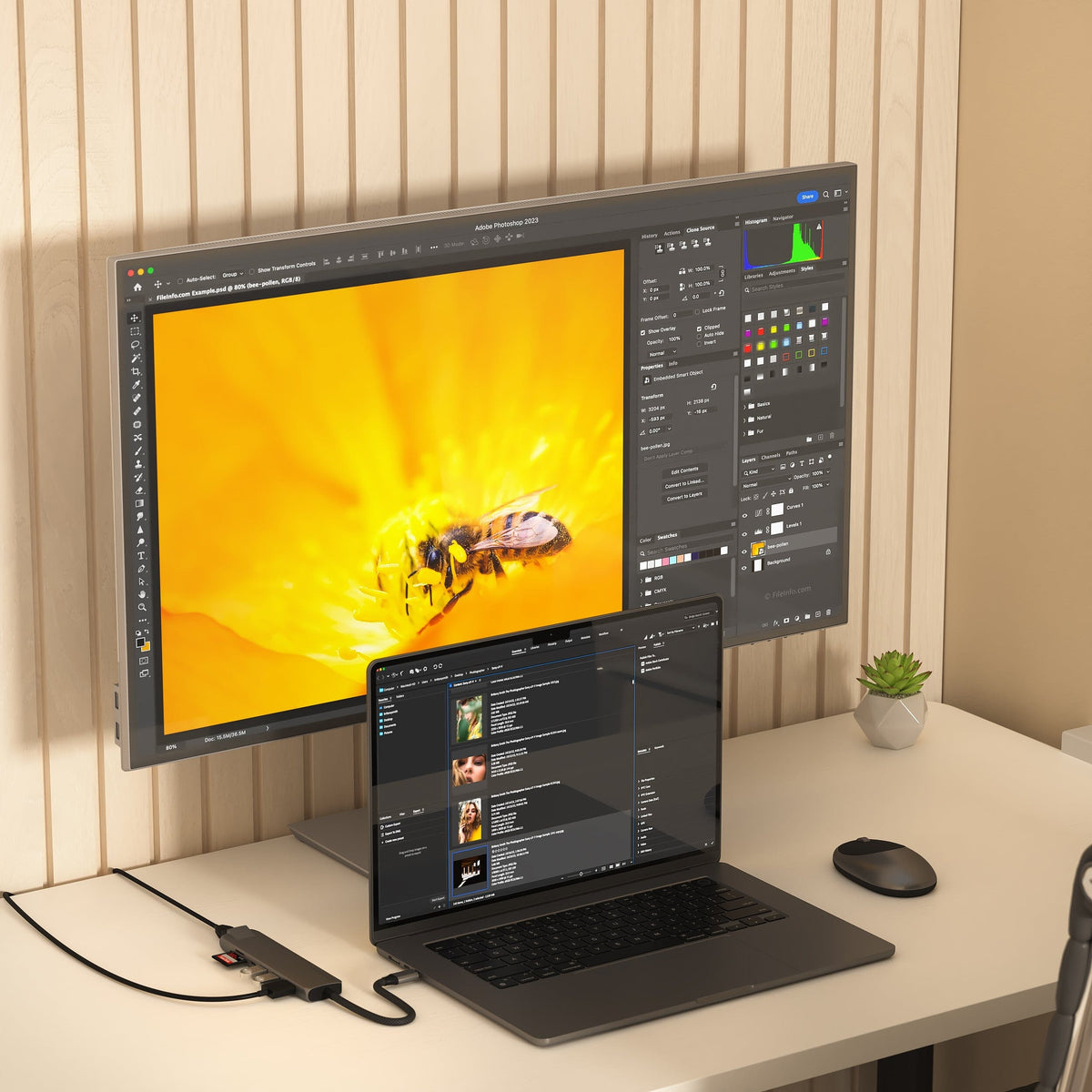 7-in-1 USB-C Slim Multiport Adapter with Ethernet in Space Gray connecting a laptop to an external monitor