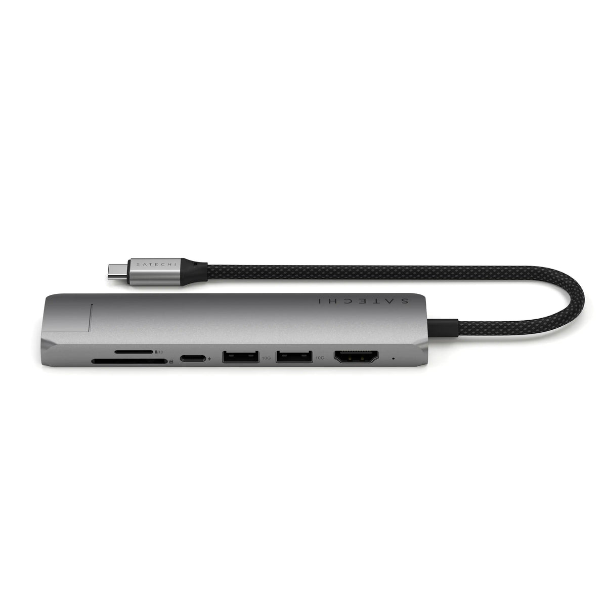 7-in-1 USB-C Slim Multiport Adapter with Ethernet in Space Gray, side view showing card slots, USB-C, USB-A and HDMI ports