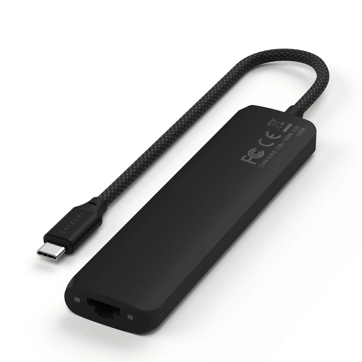 7-in-1 USB-C Slim Multiport Adapter with Ethernet in Black, underside with certification labels
