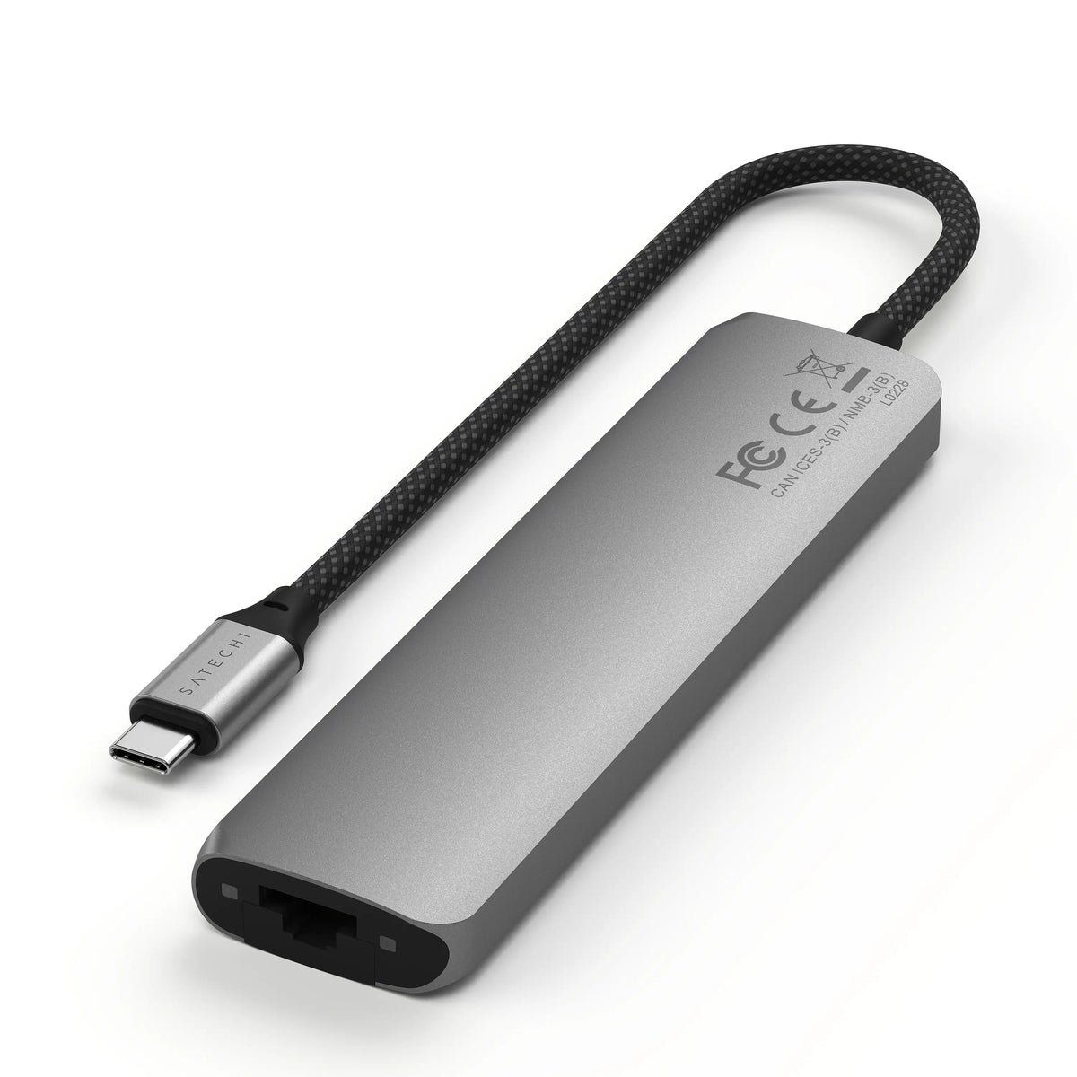 7-in-1 USB-C Slim Multiport Adapter with Ethernet in Space Gray, underside with certification labels