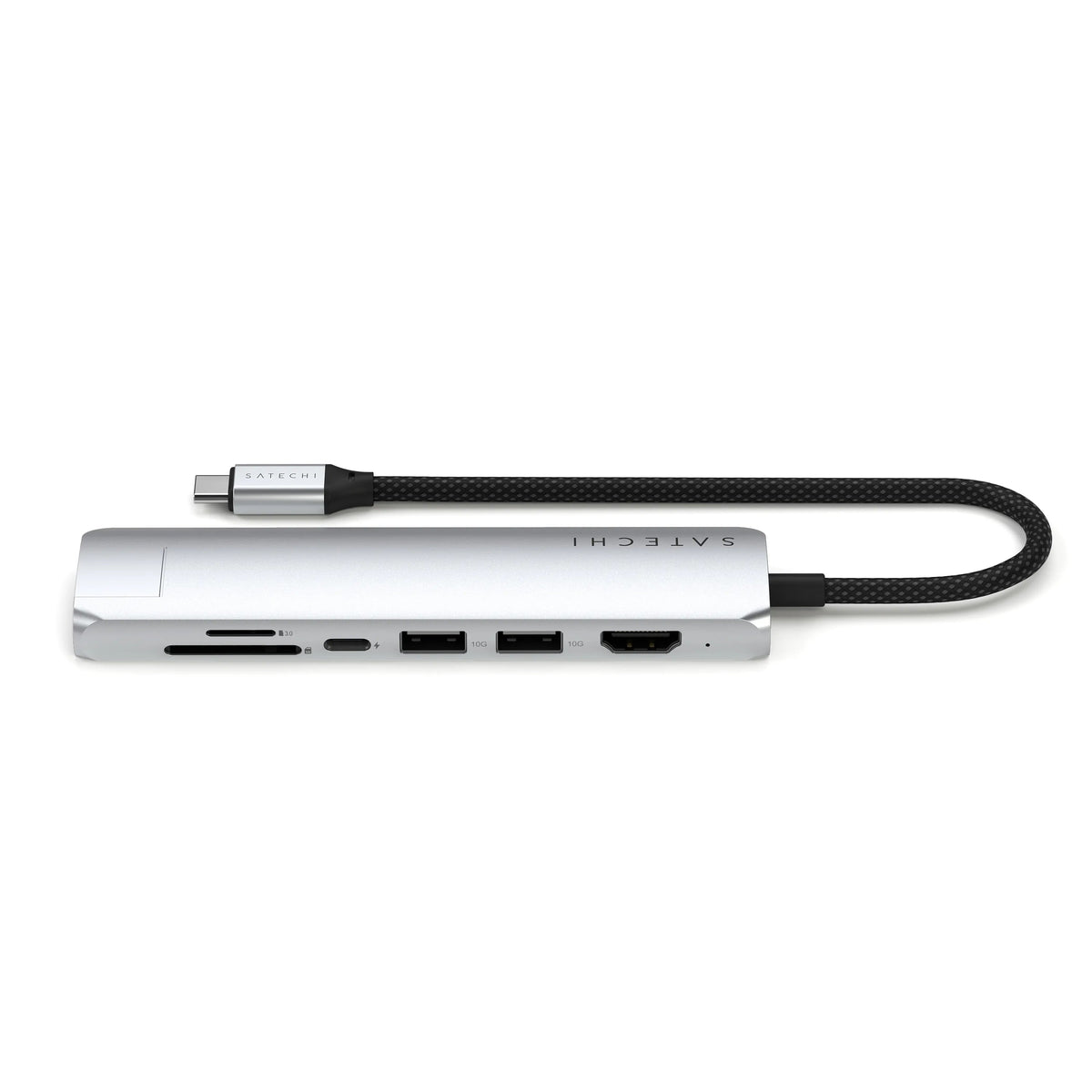 7-in-1 USB-C Slim Multiport Adapter with Ethernet in Silver, side view showing card slots, USB-C, USB-A and HDMI ports