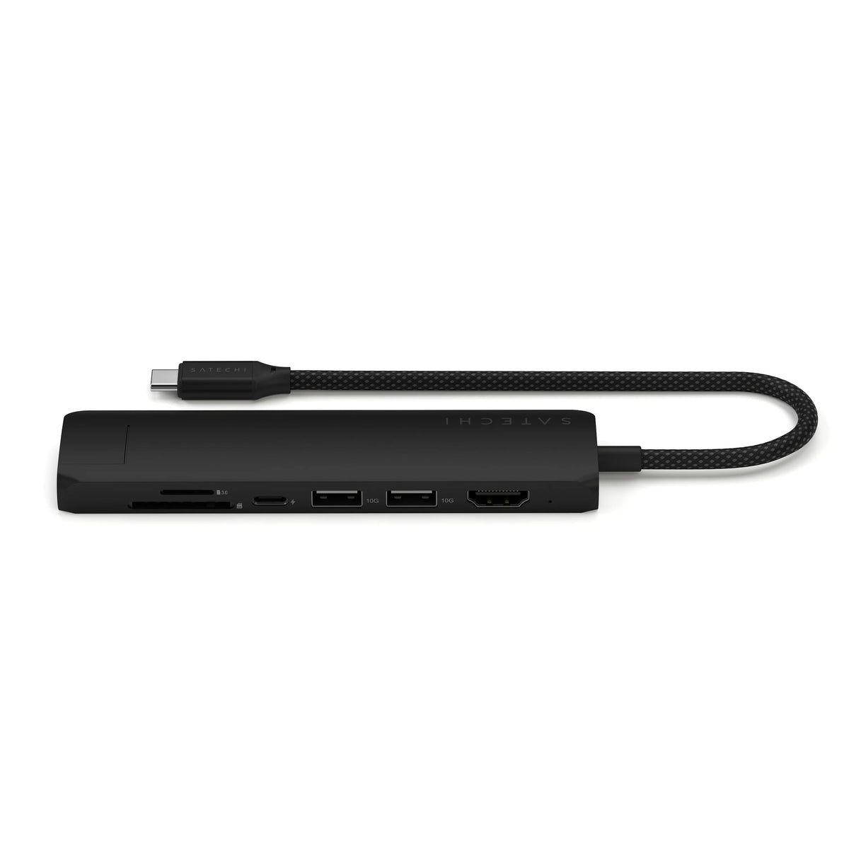 7-in-1 USB-C Slim Multiport Adapter with Ethernet in Black, side view showing card slots, USB-C, USB-A and HDMI ports