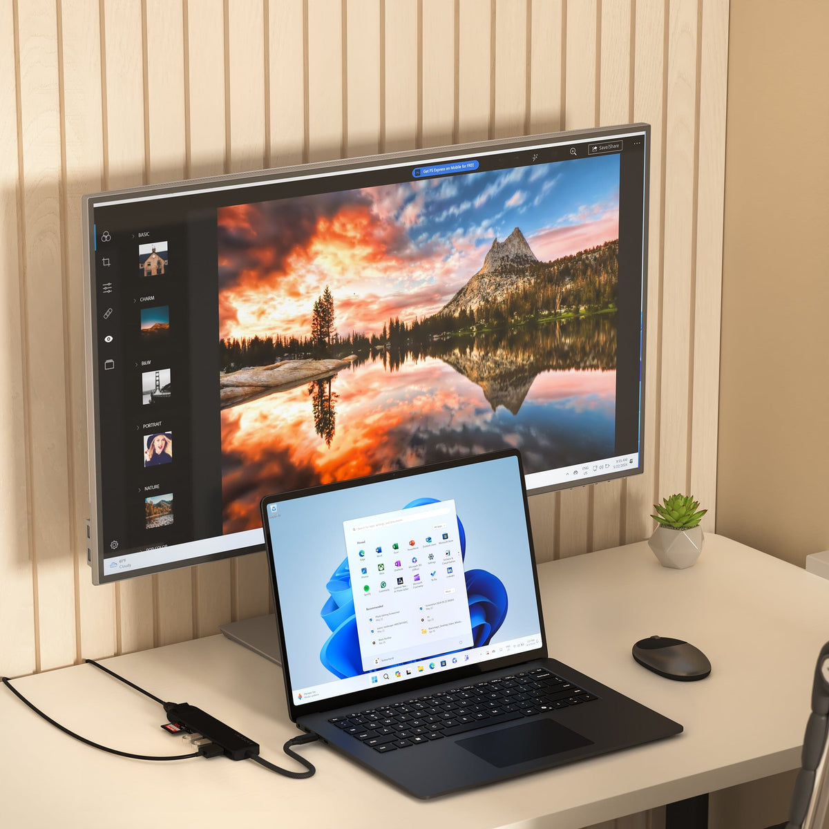 7-in-1 USB-C Slim Multiport Adapter with Ethernet in Black connecting a Windows laptop to an external monitor