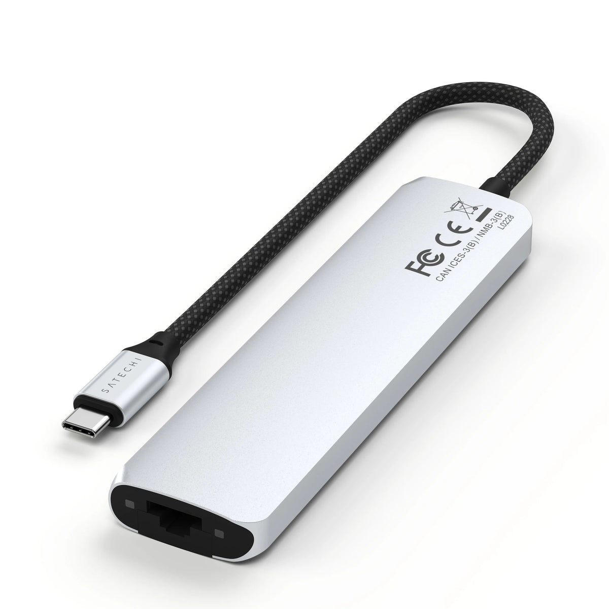 7-in-1 USB-C Slim Multiport Adapter with Ethernet in Silver, underside with certification labels