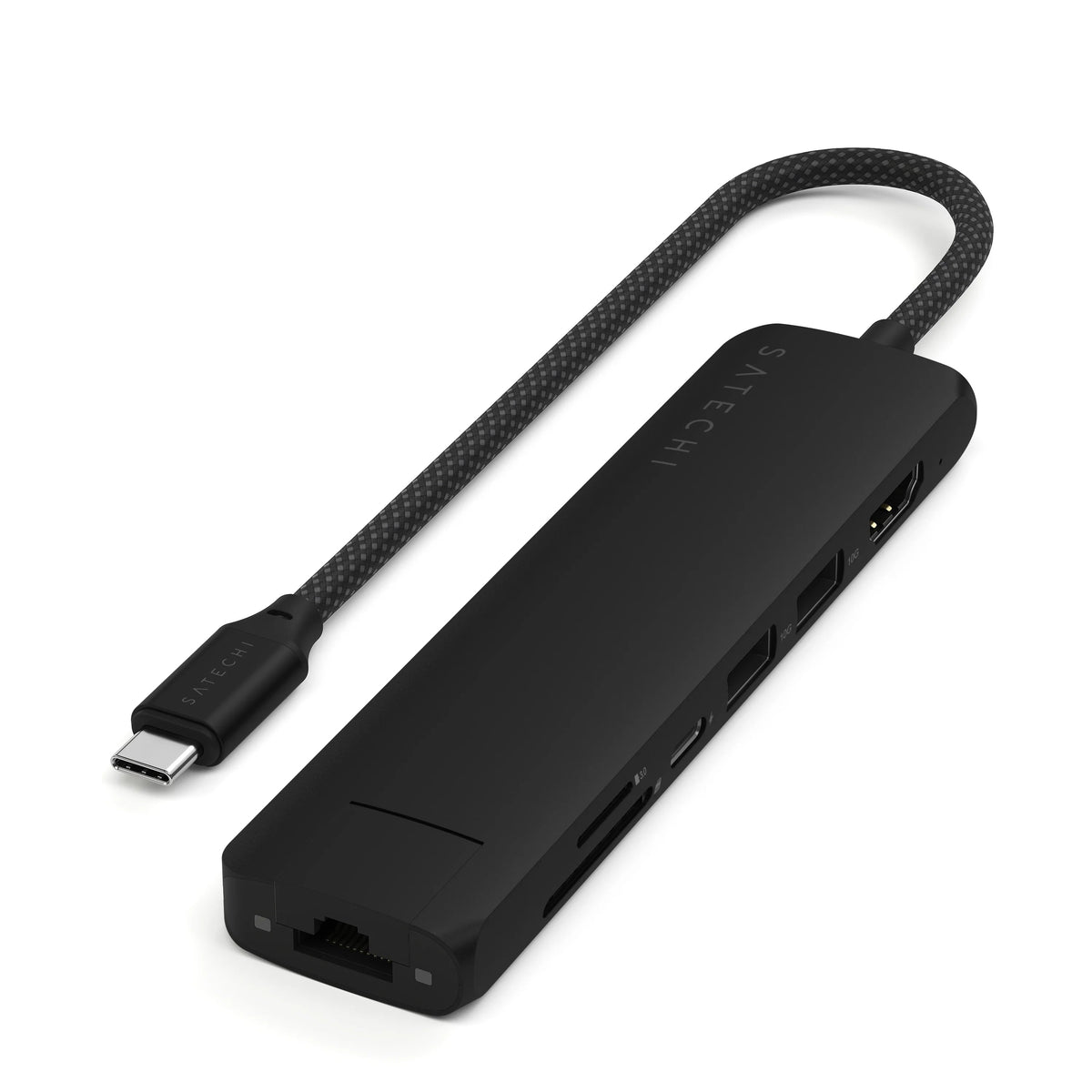 Satechi 7-in-1 USB-C Slim Multiport Adapter with Ethernet in Black, angled view showing Ethernet port