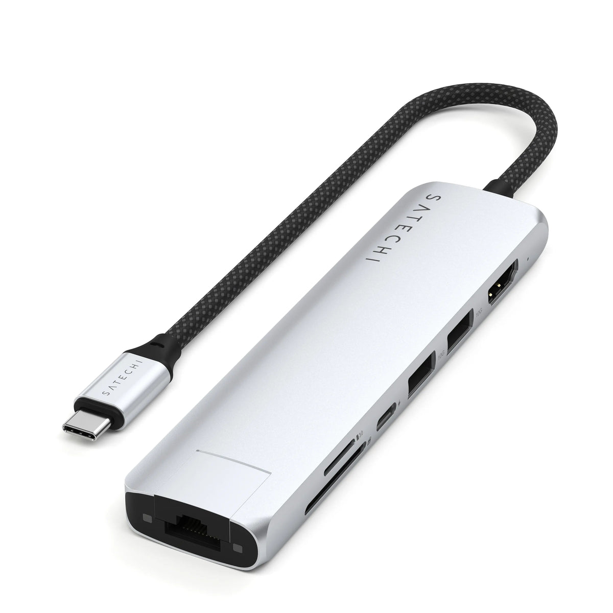 Satechi 7-in-1 USB-C Slim Multiport Adapter with Ethernet in Silver, angled view showing Ethernet port