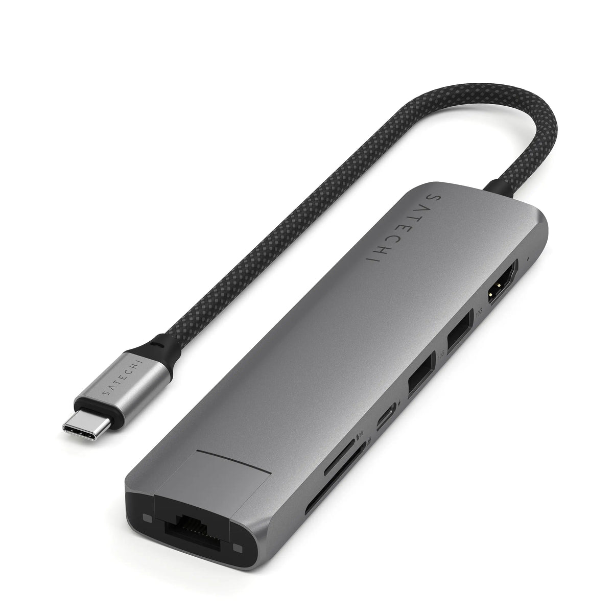 Satechi 7-in-1 USB-C Slim Multiport Adapter with Ethernet in Space Gray, angled view showing Ethernet port