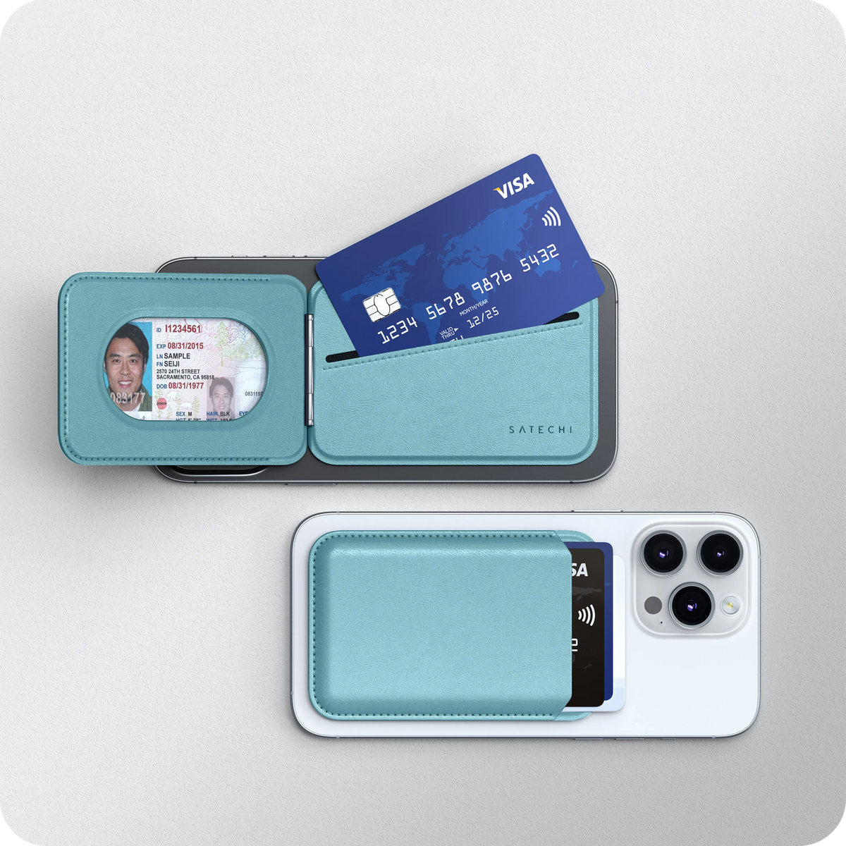 Vegan-Leather Magnetic Wallet Stand in Light Blue opened to show ID window and card slot, next to one attached to an iPhone