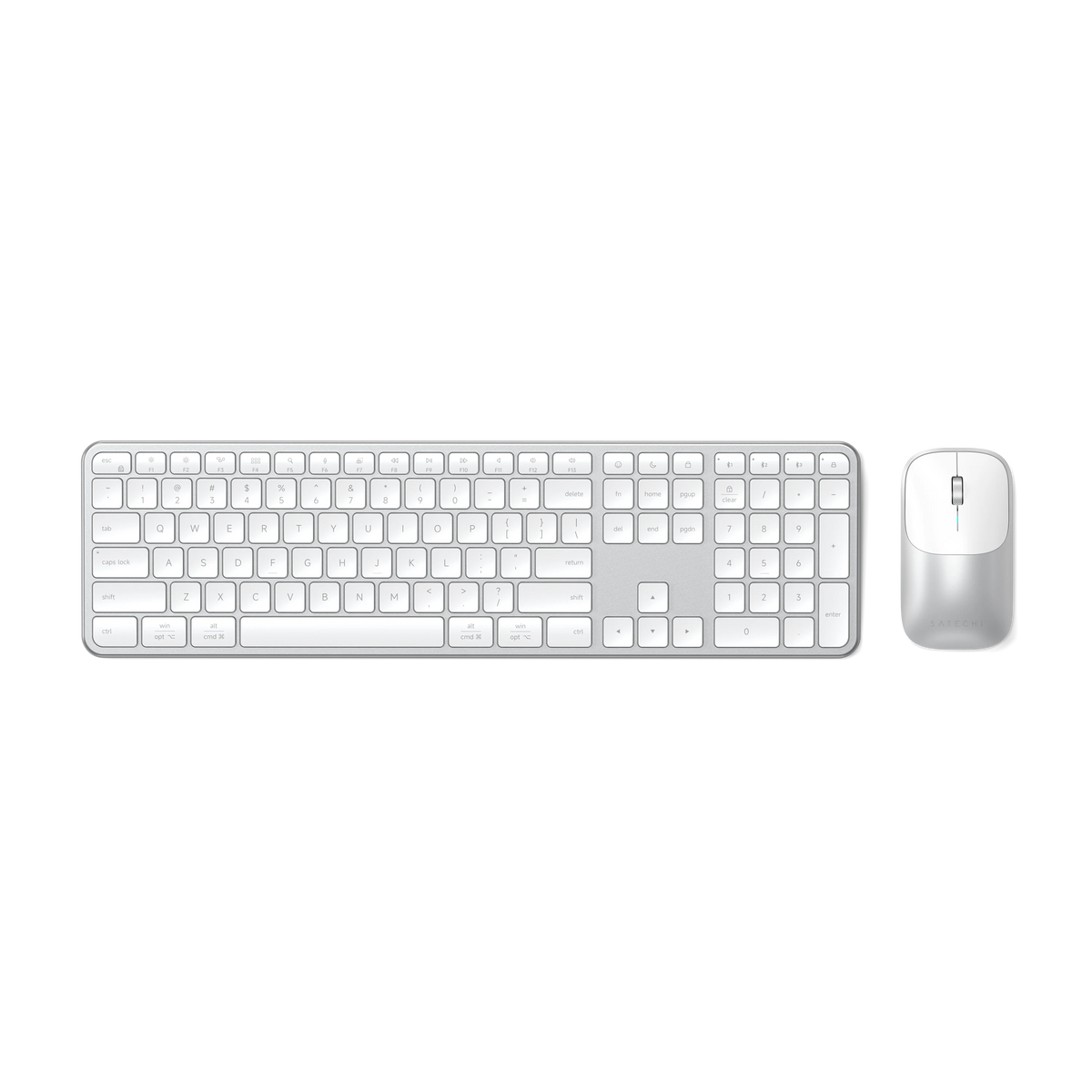Satechi Slim CEX3 Wireless Combo in Silver, full-size keyboard and mouse, top view