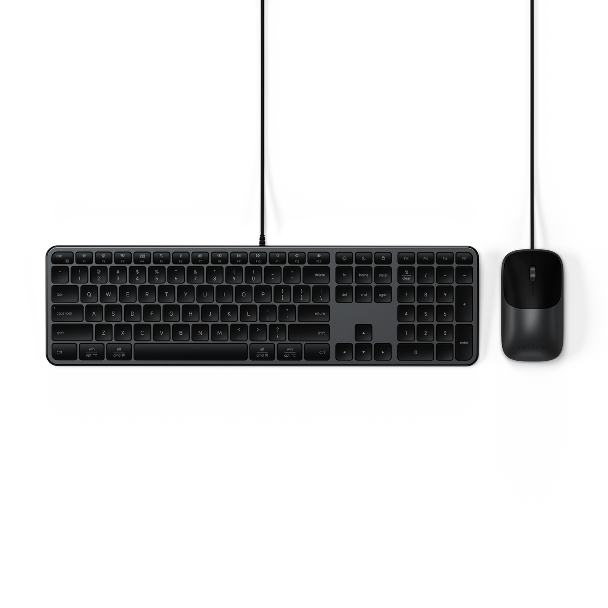 Satechi Slim CLX3 Wired Combo in Space Black, full-size keyboard and mouse, top view