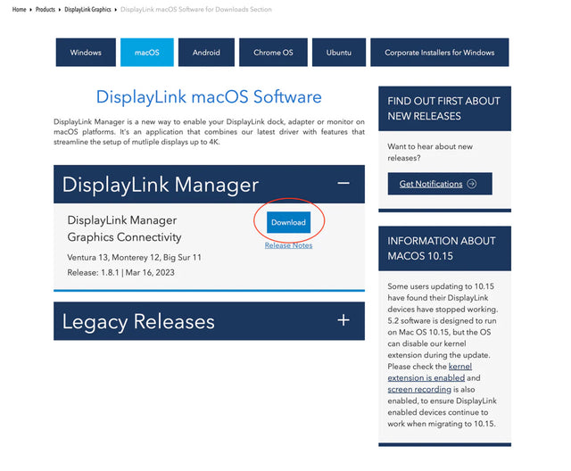 Screenshot of the DisplayLink macOS Software download page with the Download button for DisplayLink Manager Graphics Connectivity, Release: 1.8.1, Mar 16, 2023, circled in red.