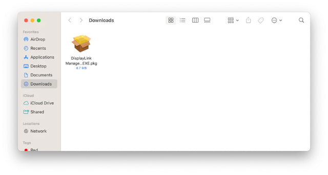 macOS Finder Downloads folder showing the downloaded DisplayLink Manager installer file, DisplayLink Manage...EXE.pkg, 8.7 MB.
