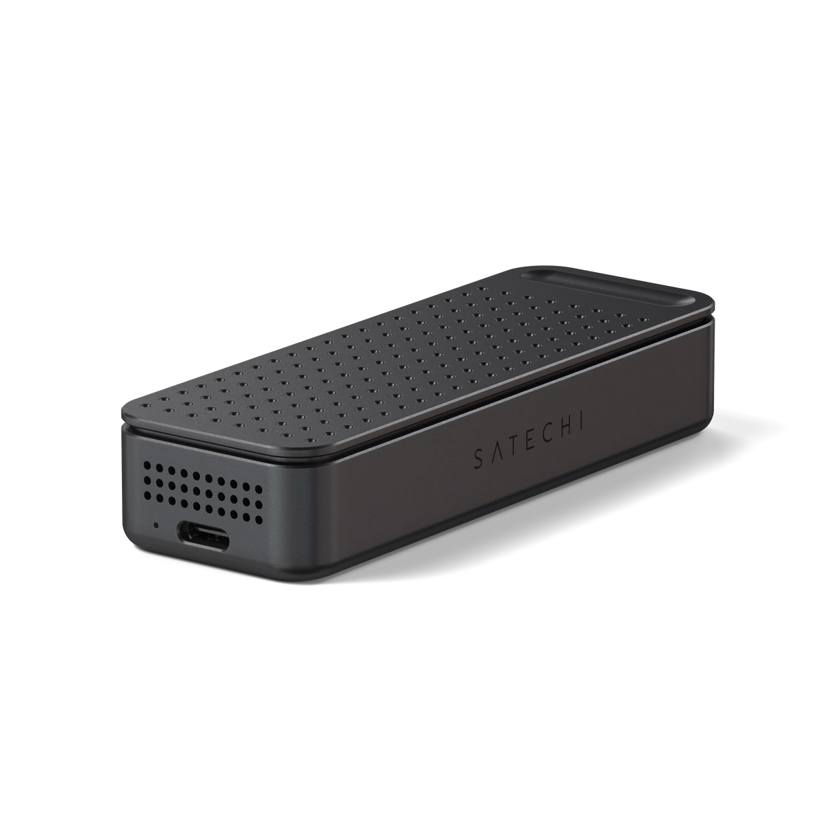 Satechi DotDisk 80Gbps SSD Enclosure in Space Black, angled view of the USB-C port