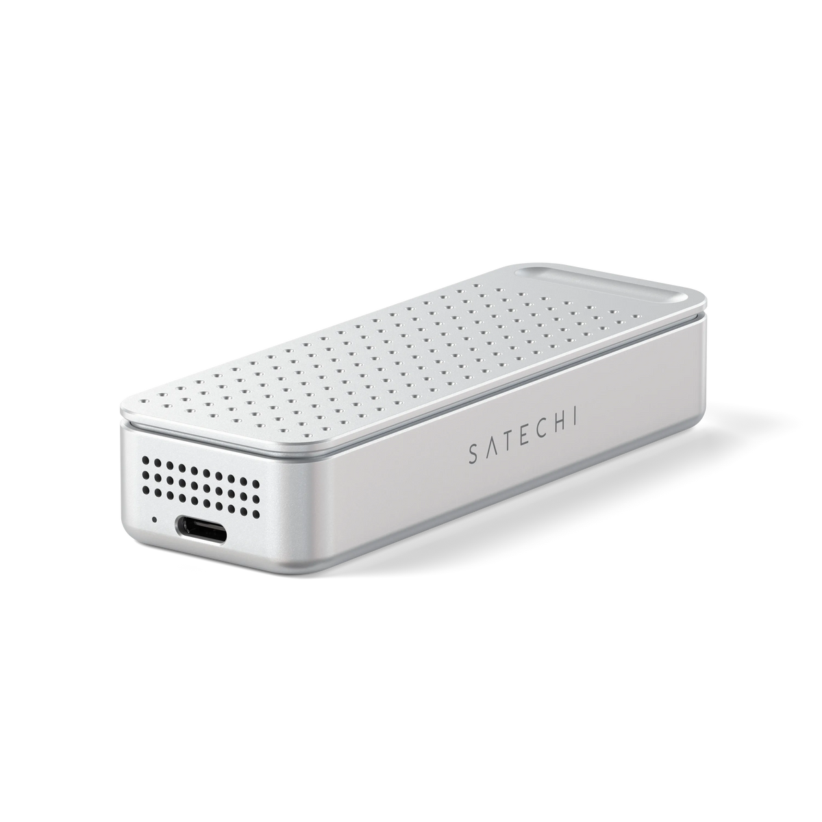 Satechi DotDisk 80Gbps SSD Enclosure in Silver, angled view of the USB-C port