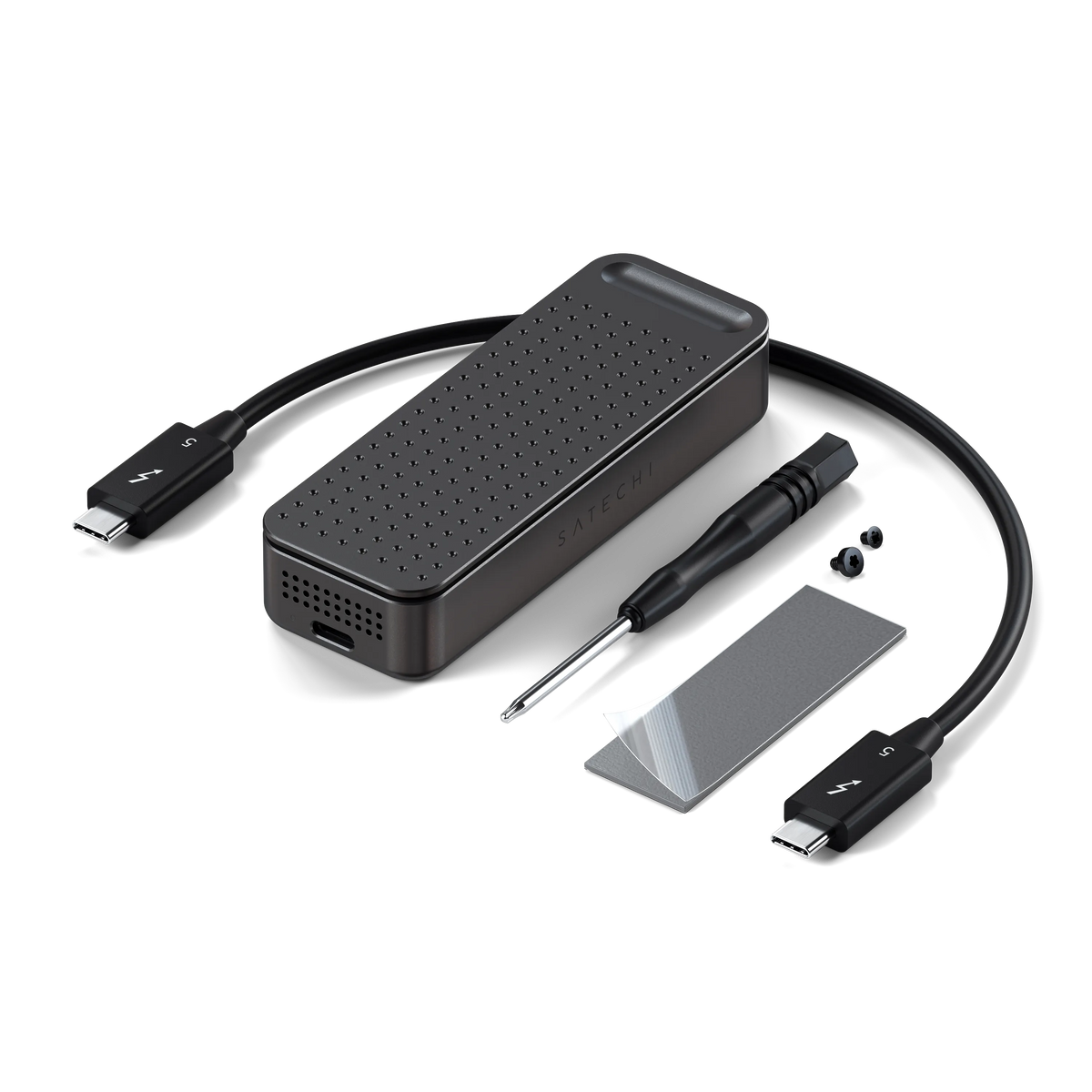 DotDisk 80Gbps SSD Enclosure in Space Black with Thunderbolt cable, screwdriver, screws and thermal pad