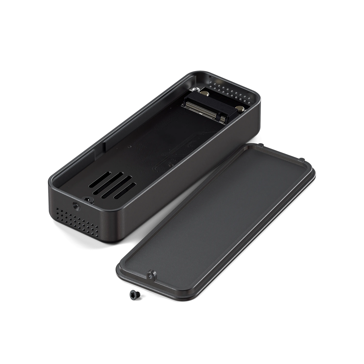 DotDisk 80Gbps SSD Enclosure in Space Black, opened with the SSD bay exposed