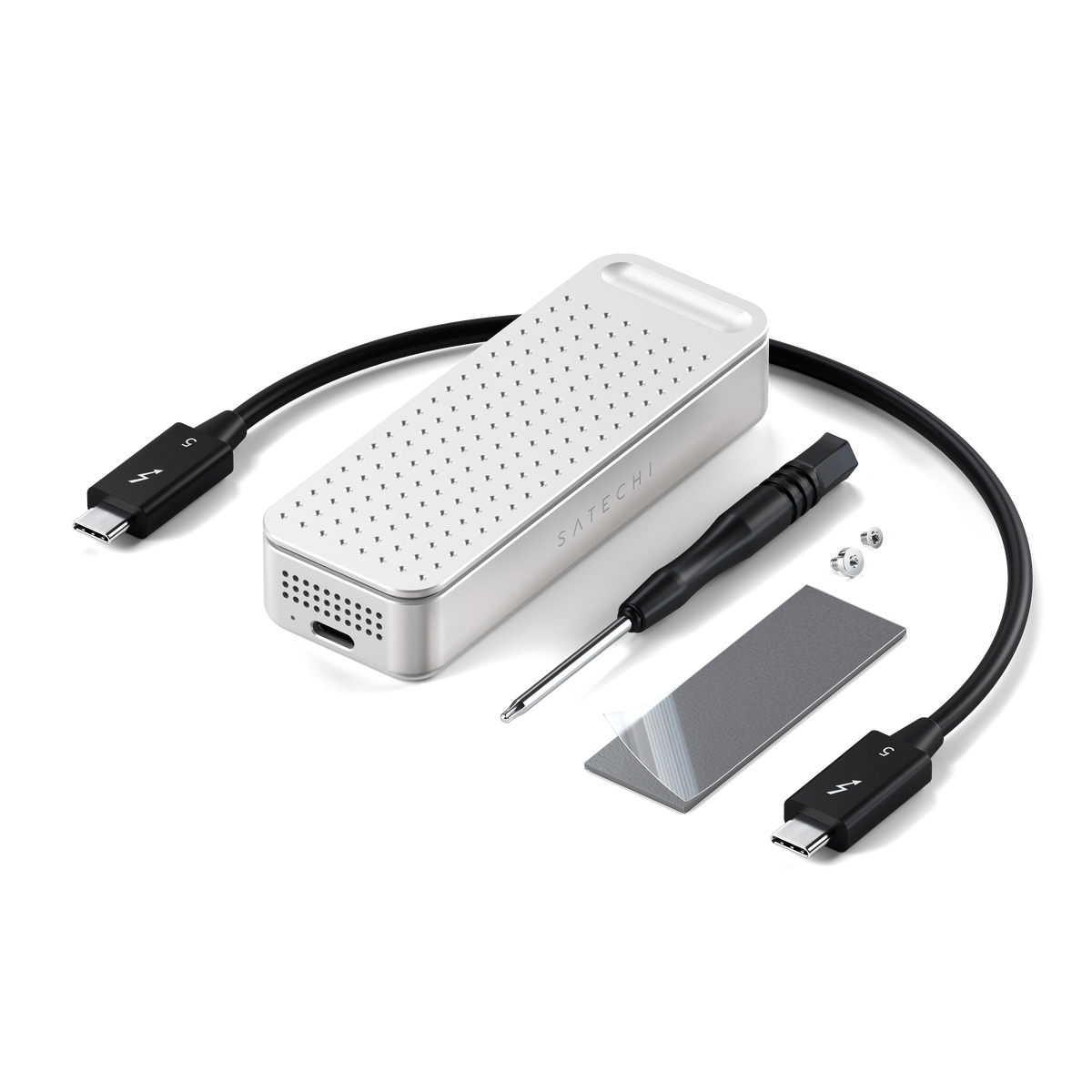 DotDisk 80Gbps SSD Enclosure in Silver with Thunderbolt cable, screwdriver, screws and thermal pad