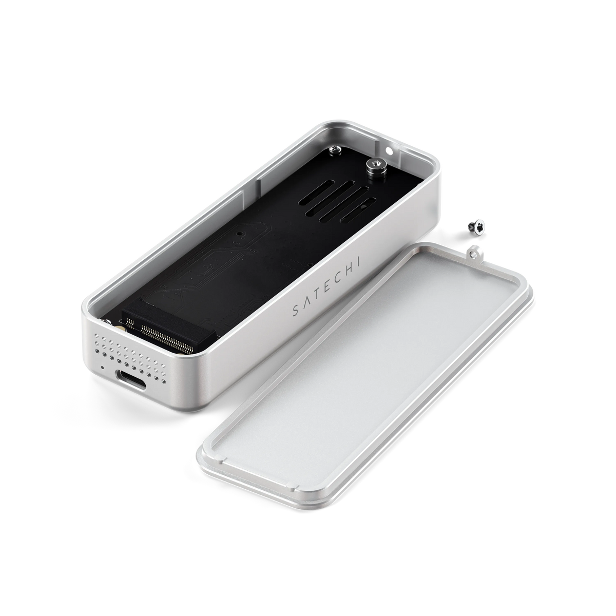 DotDisk 80Gbps SSD Enclosure in Silver, opened with the SSD bay exposed