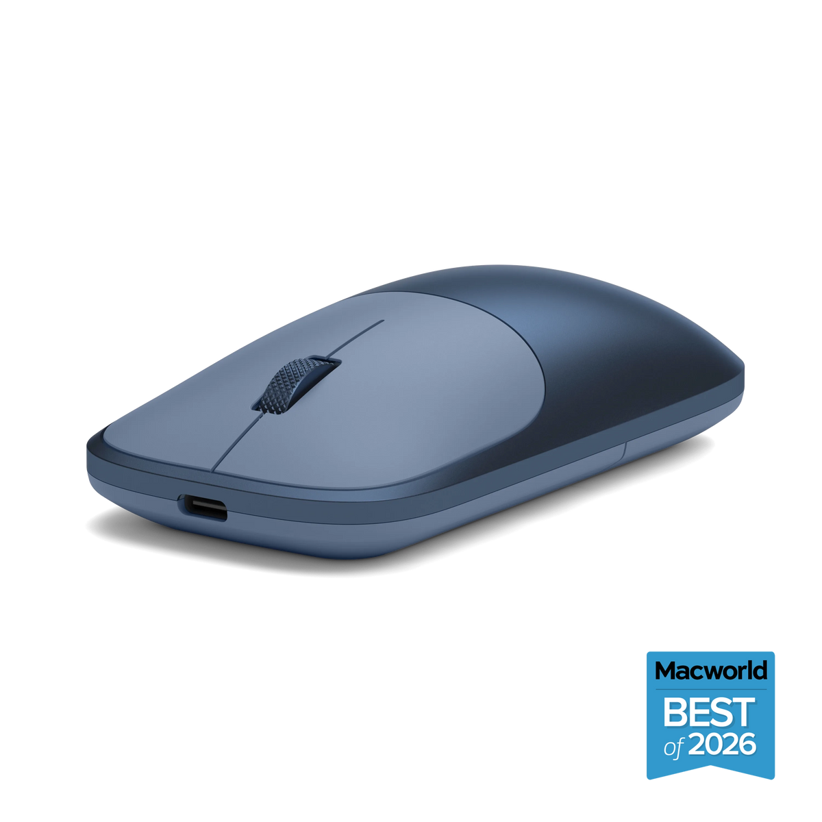 Slim EX Wireless Mouse in Indigo, angled view showing USB-C port, with Macworld Best of 2026 badge