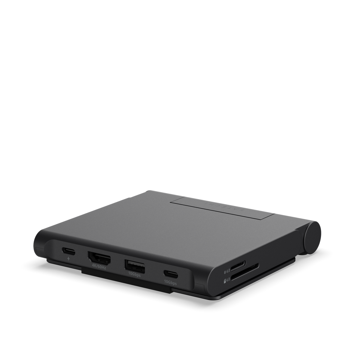 OntheGo Foldable Stand Hub folded, showing USB-C, HDMI, USB-A and card reader ports